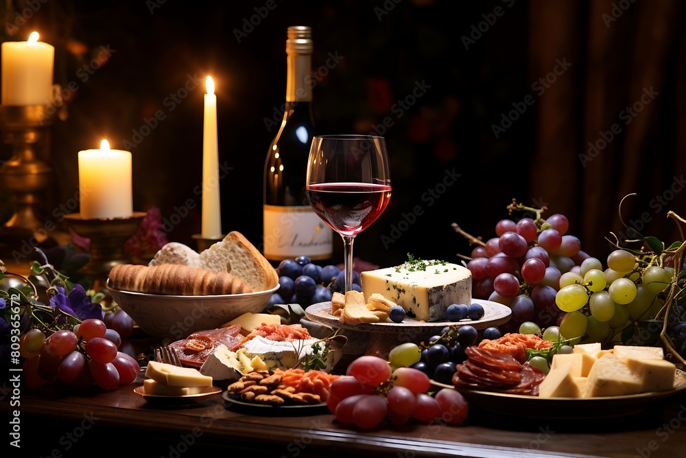 Still life with wine, cheese, bread and snacks on a dark background