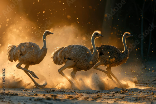 Graceful ostriches racing powerfully through a glowing desert landscape at sunset, embodying speed and elegance in an intense wildlife action scene