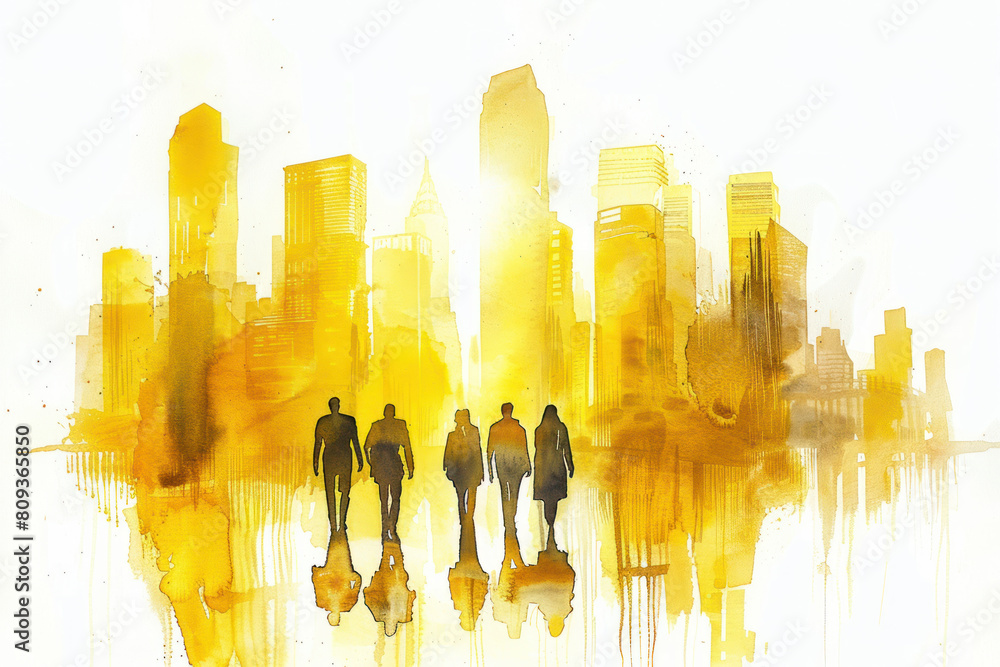 Yellow watercolor paint of business people walking to office by skyscraper Yellow watercolor paint of business people walking to office by skyscraper