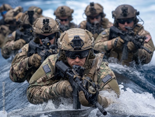 A group of soldiers are in the water, wearing camouflage and holding guns. Scene is intense and focused, as the soldiers are likely preparing for a mission or training exercise