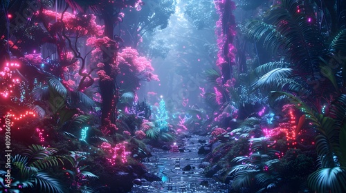 Vibrant Bioluminescent Digital Jungle Landscape with Futuristic Technology and Cinematic Atmosphere