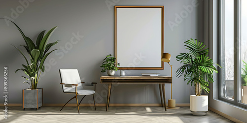 mockup frame in a minimalist, clutter-free office setting. Emphasize neatness and simplicity in the design