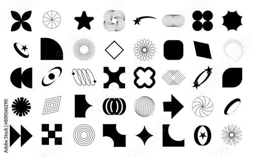 Abstract rave psychedelic set in a trendy 2000s style. Vector illustration for social networks or posters on a black background. Brutalist abstract geometric shapes. Swiss design aesthetics. 