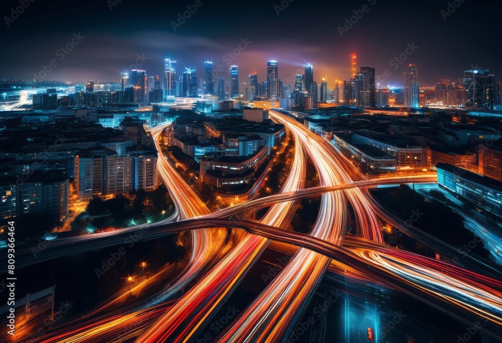 mesmerizing nighttime traffic trails long exposure, light, streaks, vehicles, movement, urban, cityscape, transportation, speed, motion, blur, illuminated