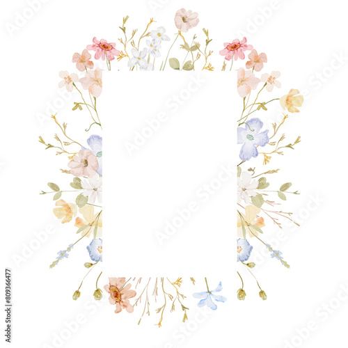 Watercolor frame with flowers and butterflies for weddign card greeting car, png transparent background, pastel colors wildflower frame
