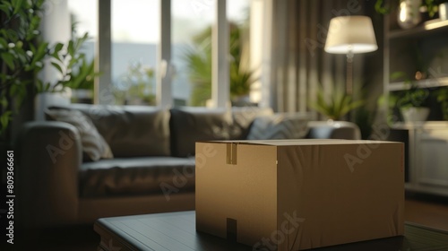 Cardboard box with home living room, moving house and delivery realistic © Ahtesham