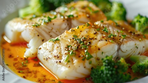 Steamed white fish served with broccoli and sauce photo
