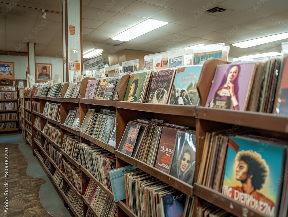 A row of shelves in a store with many records on them. The records are arranged by artist and genre A row of shelves in a store with many records on them. The records are arranged by artist and genre