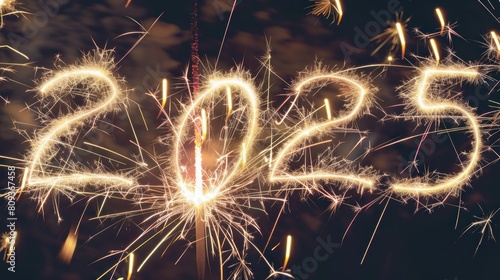 Happy New Year 2025. gold fireworks and sparkling numbers 2025 on night blue sky background.