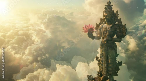 a Hindu god who is above the clouds holding a very beautiful lotus flower. seamless looping time-lapse virtual 4k video Animation Background. photo