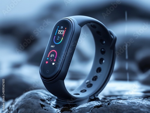 A smart watch with a black band and a blue face. The watch is displaying the time as 12:13 photo