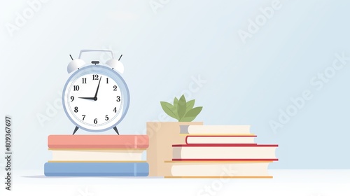 Booktime clipart with a clock and a stack of books, high detailed, clean sharp focus illustrations , cartoon, flat design photo