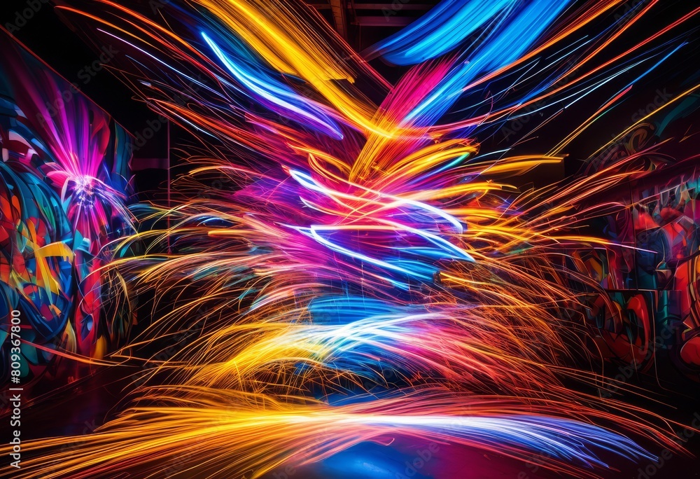 Fototapeta premium vivid light dynamic graffiti long exposure handheld lights, painting, trails, colorful, vibrant, abstract, technique, innovation, experimental, glowing