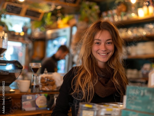 A woman with long brown hair stands in front of a counter in a coffee shop. She is smiling and she is happy