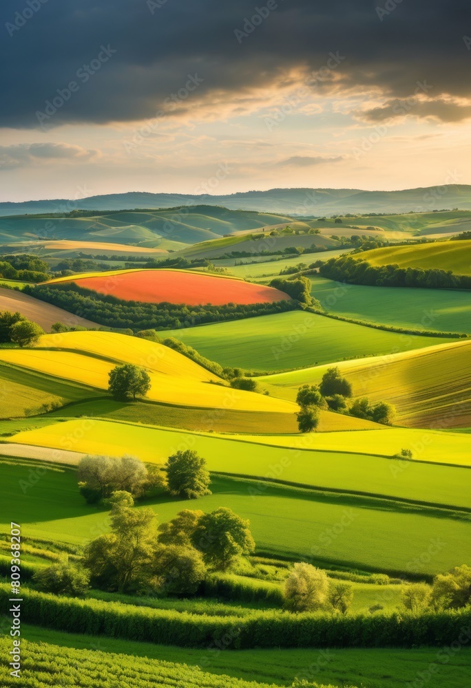 illustration, idyllic rural landscape showcasing rolling hills farmland scenes, beauty, pastoral, countryside, picturesque, serene, tranquil, nature