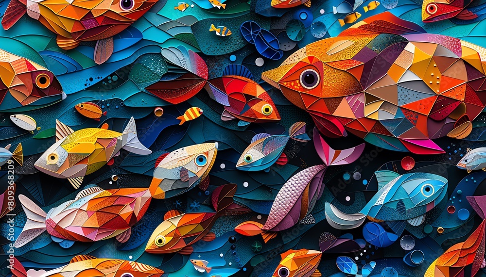 Create a Frontal view Underwater World piece inspired by Cubism, showcasing fragmented marine life in bold, geometric forms from a surprising aerial view Create a Frontal view Underwater World piece inspired by Cubism, showcasing fragmented marine life in bold, geometric forms from a surprising aerial view