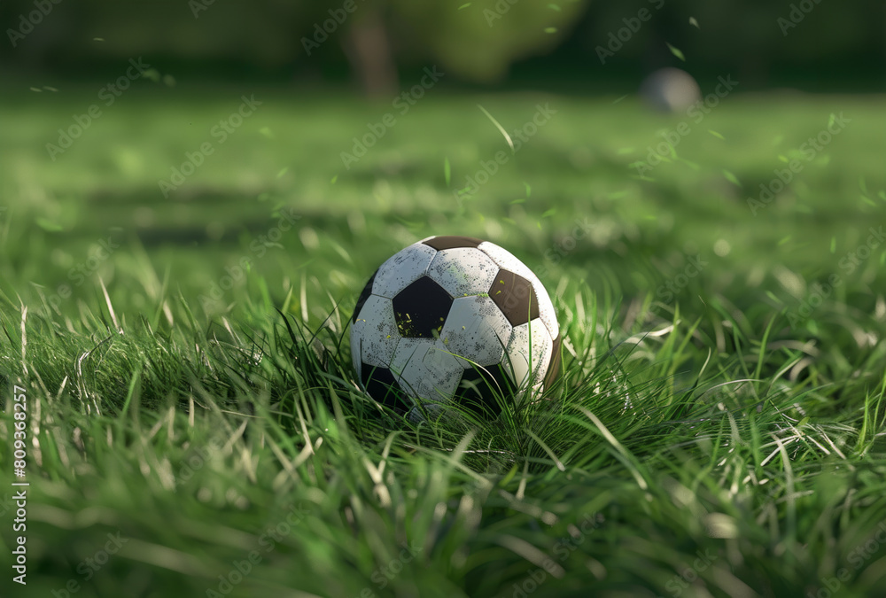 Soccer ball on green grass with bokeh background.