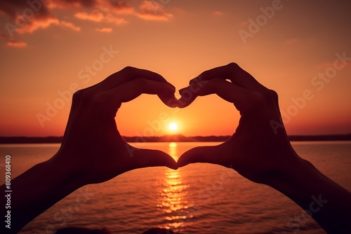 Silhouette of hands forming a heart shape on a sunset background