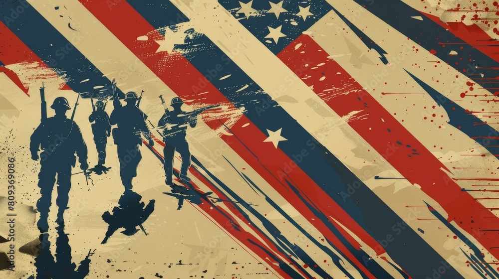Obraz premium Memorial Day banner featuring bold fonts, soldier images, and flags. Download now , Ai Generated