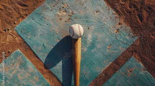 op View of Baseball Bat and Ball on Home Plate with Blue Dusty Background photo