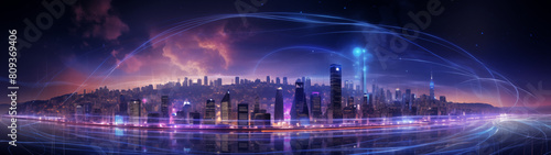 Wallpaper Mural Futuristic Cityscape with Vibrant Night Sky and Network Connections Torontodigital.ca