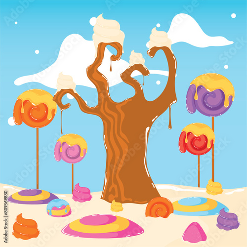 Colored candy land landscape Sweet place Vector illustration