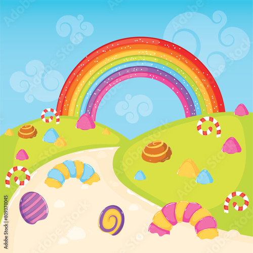 Colored candy land landscape Sweet place Vector illustration