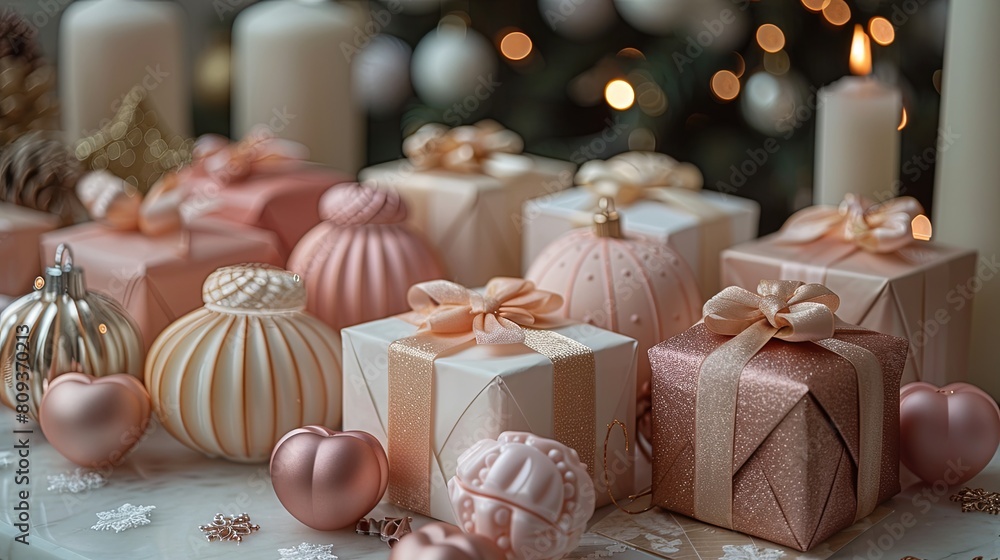 Charming array of gift boxes featuring affectionate white, gold, and pink decorations Charming array of gift boxes featuring affectionate white, gold, and pink decorations