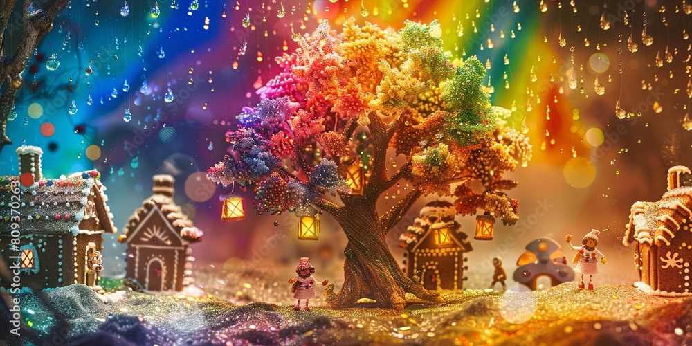 Naklejka premium Scenic Rainbow Tree with Gingerbread Houses, Delighted People, and Cascading Rainbow Drops