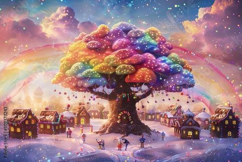 Joyful rainbow tree with gingerbread houses  happy people  and cascading rainbow raindrops