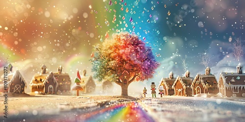 Splendid Rainbow Tree Featuring Gingerbread Houses, Joyful People, and Gleaming Rainbow Showers