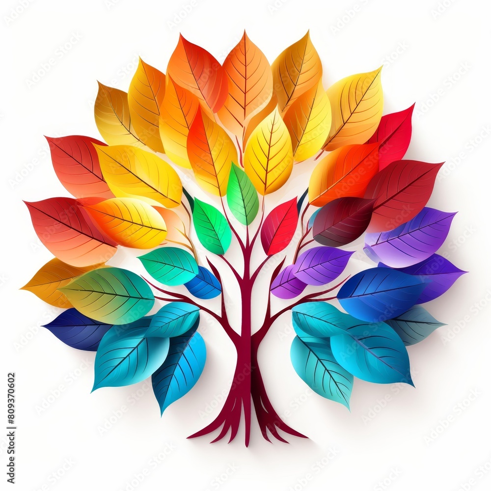 Illustration of a vibrant tree with leaves arranged in a unity circle, Ai Generated