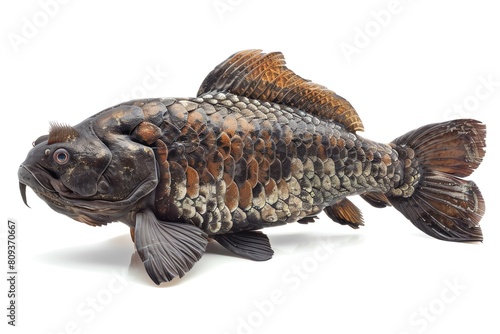 A Coelacanth, ancient fish, side profile, isolated on white photo