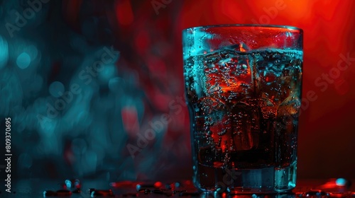 Sipping a refreshing beverage in a transparent glass against a dark backdrop
