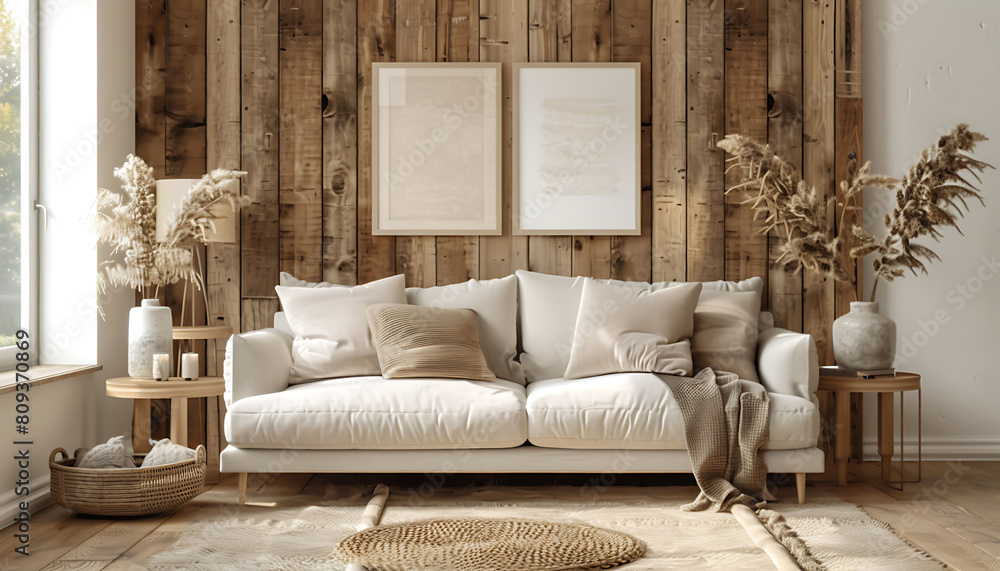 Fototapeta premium Blend the warmth of farmhouse décor into a contemporary living area, channeling Scandinavian chic with a stylish sofa