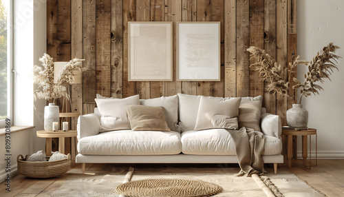 Blend the warmth of farmhouse décor into a contemporary living area, channeling Scandinavian chic with a stylish sofa