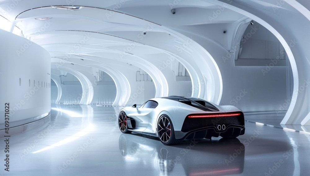 Fototapeta premium Amidst the serenity of the white void, the supercar emerges, its silhouette a study in minimalist sophistication, a vision of speed and grace.