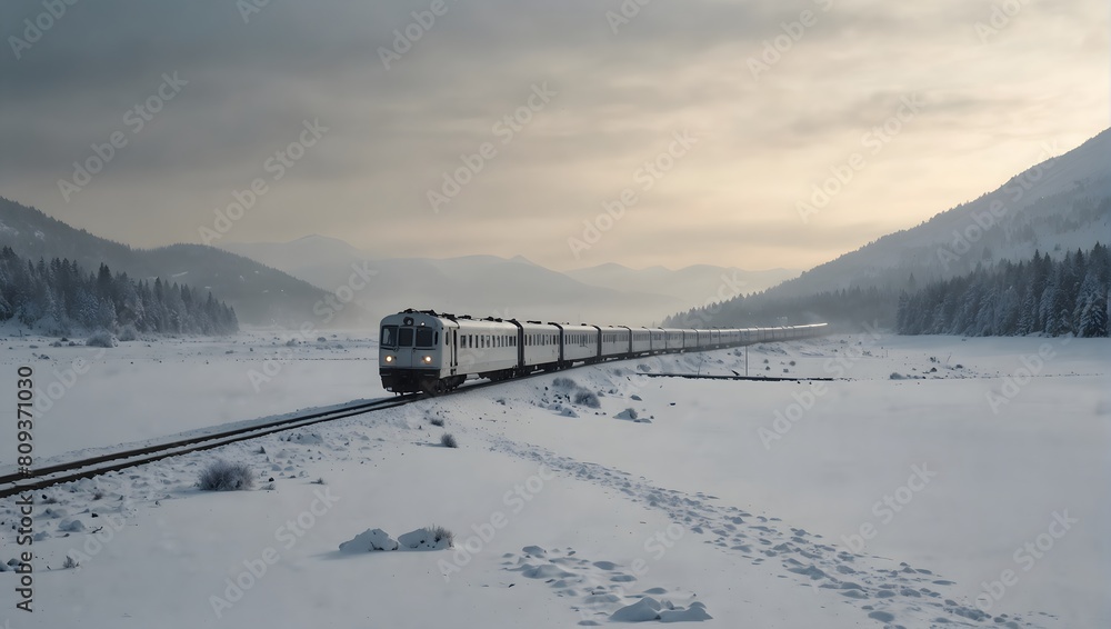 A solitary train glides through a landscape of pure white, its journey shrouded in mystery and possibility ai_generated