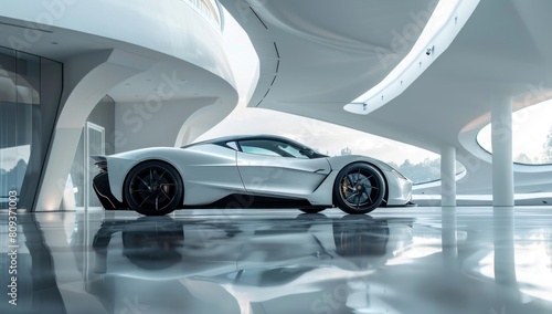 Against the pristine white expanse, the supercar stands as a symbol of minimalist luxury, its sleek contours cutting through the void with effortless precision. © 2D_Jungle
