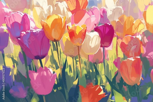 Tulips swaying in a field  their colorful blooms and leafy stems repeating in harmony.