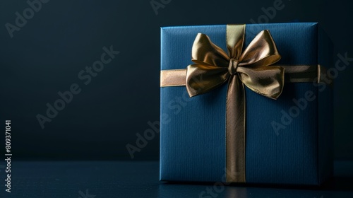 Elegant gift box with golden ribbon on dark background