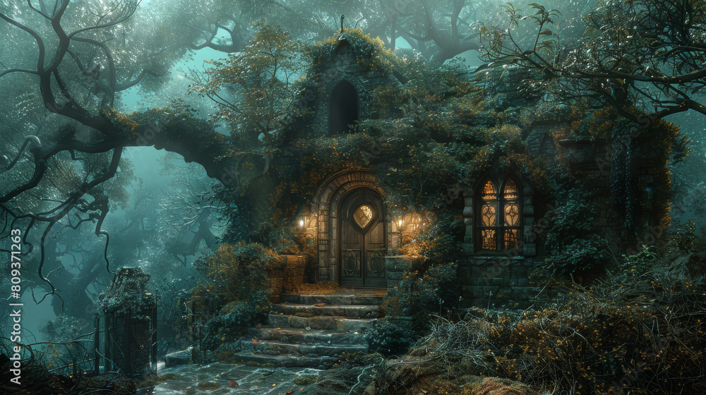 A house in a forest with a door and a window A house in a forest with a door and a window