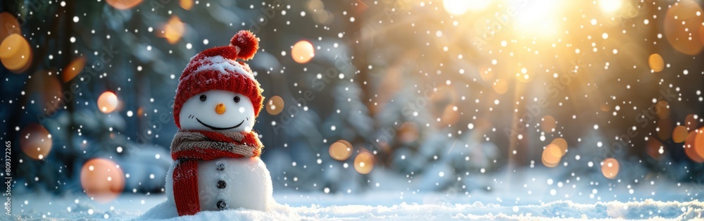 Funny Snowman in Winter Wonderland: A Closeup of a Cute Laughing Snowman with Hat and Scarf on Snowy Landscape