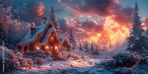Festive Christmas house with pink frosting snowy decorated Christmas tree candy scattered yard under Cotton Candy clouds
