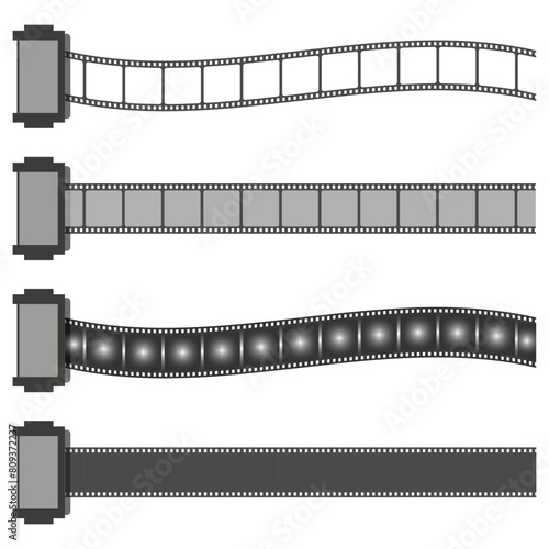 Filmstrip vector set with different curves. Cinematography film roll illustration. Vector movie reel design. Curved filmstrip elements.