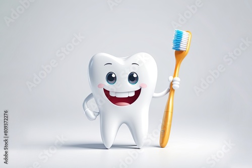 Cartoon smiling tooth holding a toothbrush in his hands 