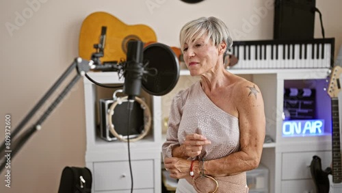 Mature woman singing in a music studio with microphones and guitars, showcasing performance, entertainment, and passion. photo