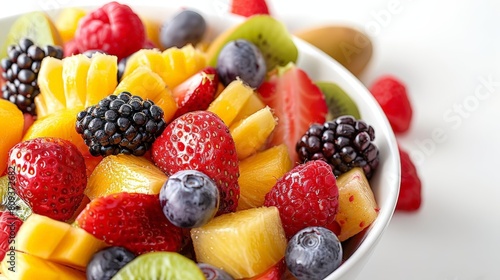 exotic fruit salad bowl on transparent background featuring sliced kiwi, red strawberries, and blackberries, accompanied by a wooden spoon