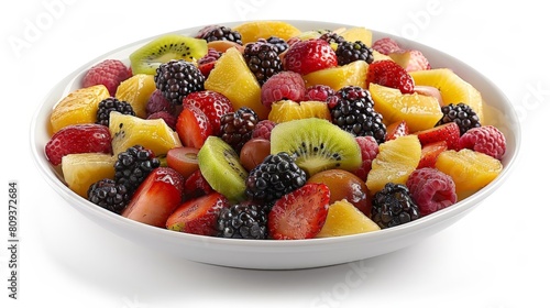 exotic fruit salad bowl on transparent background featuring sliced kiwi  red strawberries  and blackberries