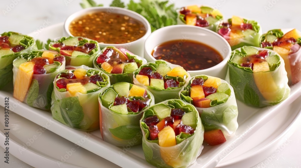 exotic fruit salad rolls on white plate accompanied by a small white bowl and a brown sauce exotic fruit salad rolls on white plate accompanied by a small white bowl and a brown sauce